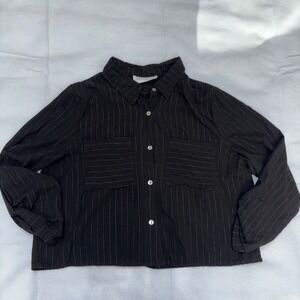 Self Contrast metallic Pinstripe Button Down Long Sleeve cropped Blouse Top‎